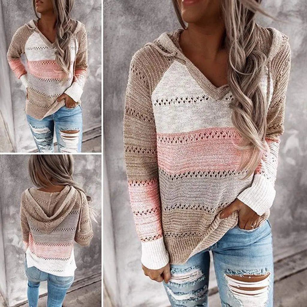 Womens Sweaters Sleeves Hooded Patchwork Casual Blouse Tops Fashion Women Long Women's Blouse Dressy Sweater Men