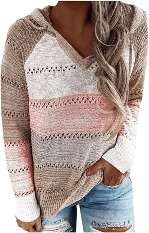 Womens Sweaters Sleeves Hooded Patchwork Casual Blouse Tops Fashion Women Long Women's Blouse Dressy Sweater Men