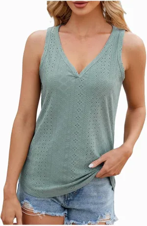 Women's Tank Tops Casual V Neck Summer Tops Sleeveless Eyelet Tunic Shirts 2024 Trendy Cami Knit Shirt Y2k Streetwear