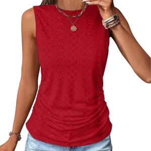 Womens Tank Tops Eyelet Embroidery Shirts Crew Neck Sleeveless Top Casual Loose Fit Shirts Beach Vacation Clothes