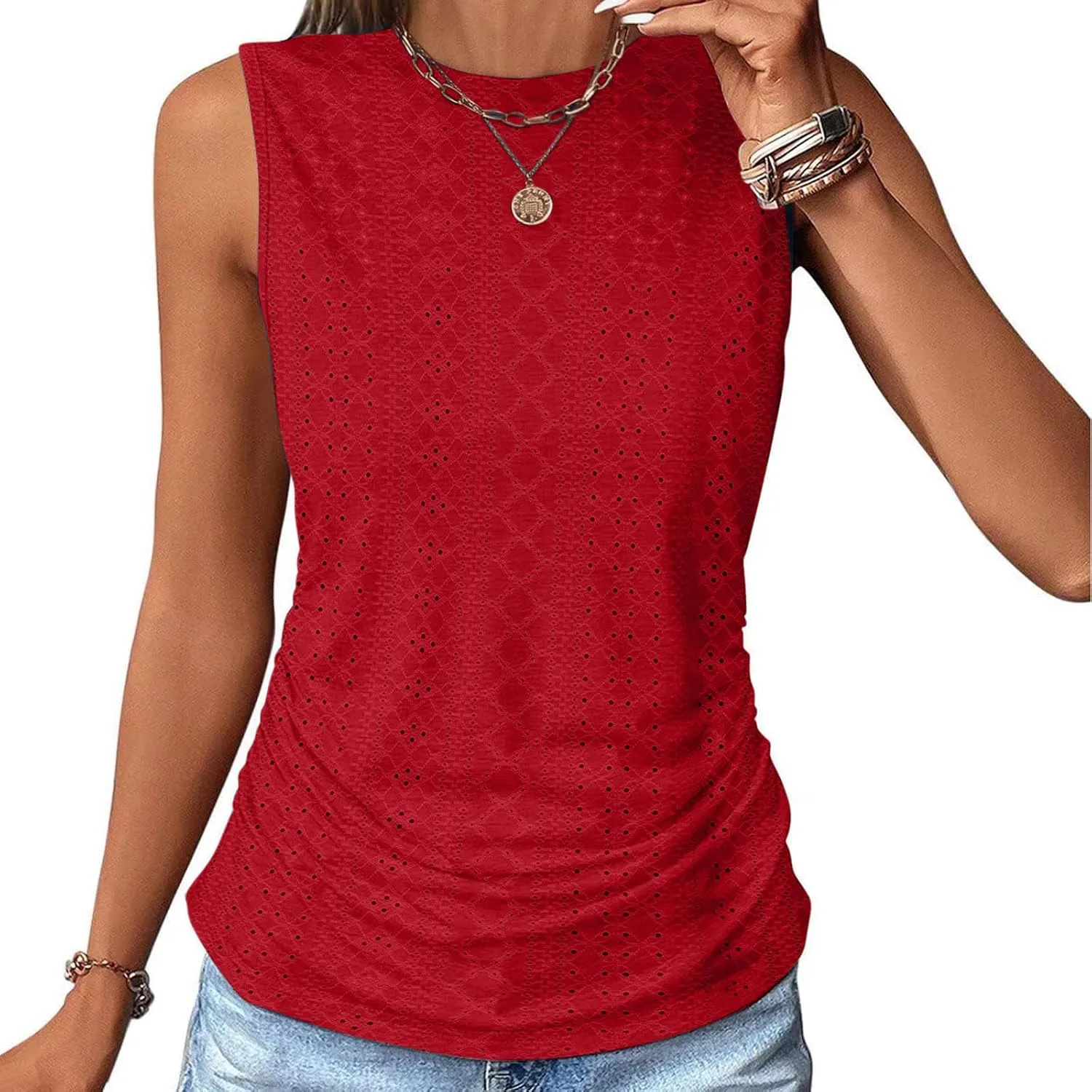 Womens Tank Tops Eyelet Embroidery Shirts Crew Neck Sleeveless Top Casual Loose Fit Shirts Beach Vacation Clothes