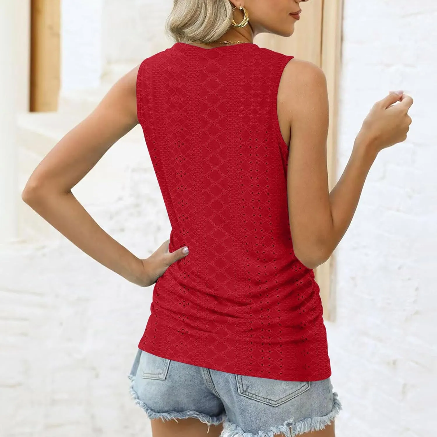 Womens Tank Tops Eyelet Embroidery Shirts Crew Neck Sleeveless Top Casual Loose Fit Shirts Beach Vacation Clothes