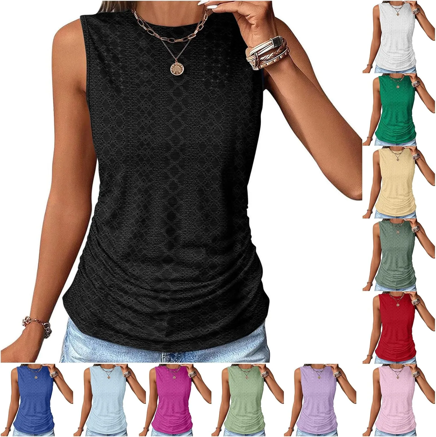 Womens Tank Tops Eyelet Embroidery Shirts Crew Neck Sleeveless Top Casual Loose Fit Shirts Beach Vacation Clothes