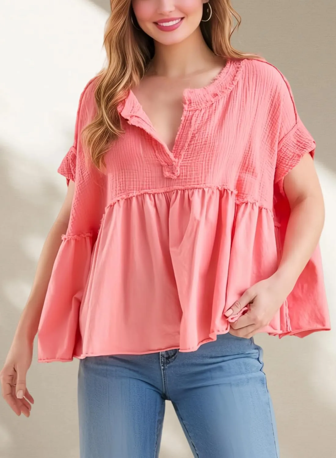 Women's Tops Short Sleeve V Neck Flowy Cute Summer Tops Oversized Tshirts Trendy Clothes