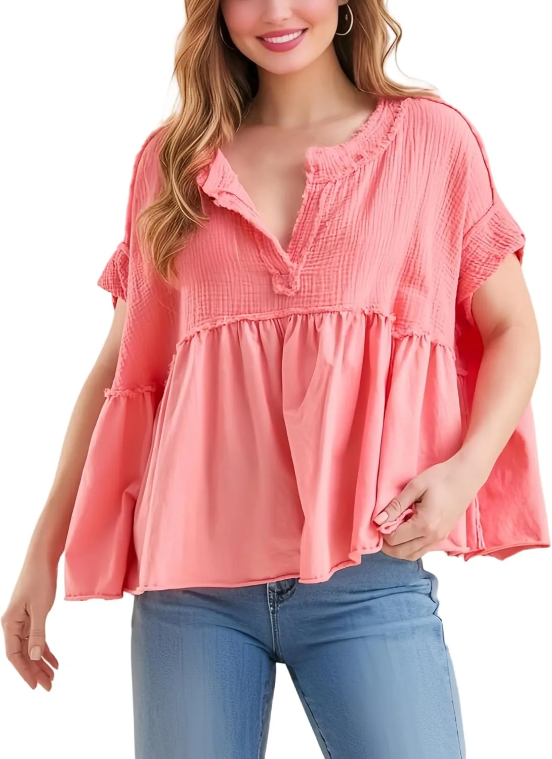 Women's Tops Short Sleeve V Neck Flowy Cute Summer Tops Oversized Tshirts Trendy Clothes