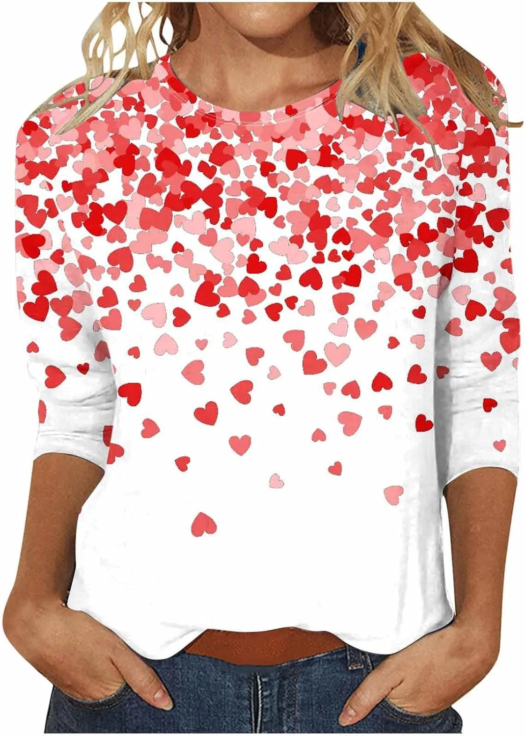 Womens Valentine Day Shirts 3/4 Sleeve Tops Love Heart Print Cotton Crewneck Blouse Pullover Ladies Tunic Tshirt