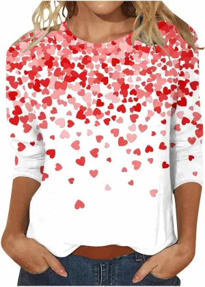 Womens Valentine Day Shirts 3/4 Sleeve Tops Love Heart Print Cotton Crewneck Blouse Pullover Ladies Tunic Tshirt