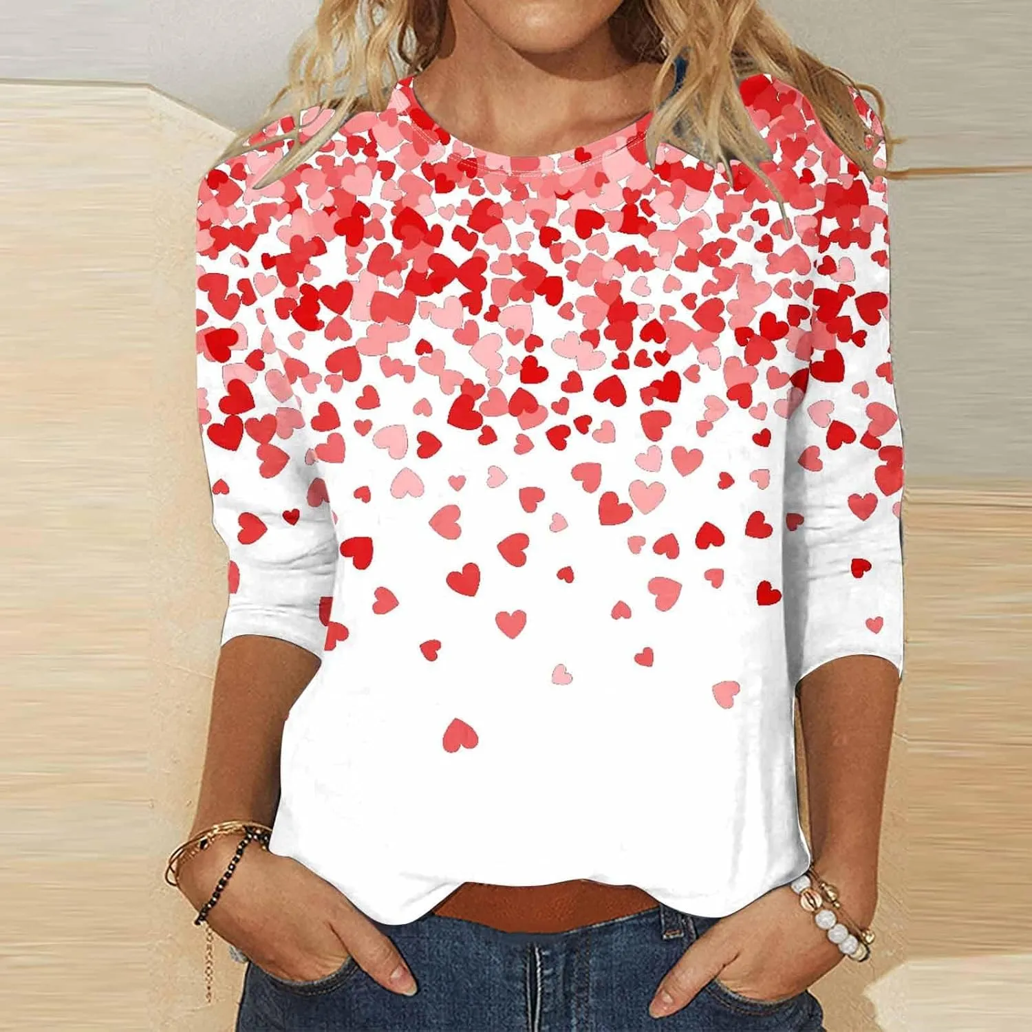 Womens Valentine Day Shirts 3/4 Sleeve Tops Love Heart Print Cotton Crewneck Blouse Pullover Ladies Tunic Tshirt