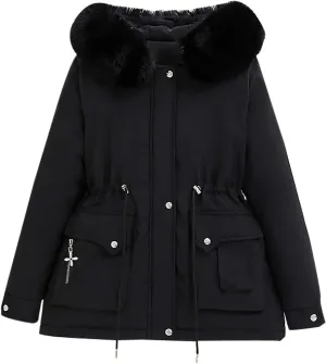 Women's Winter Puffer Coat Thicken Fleece Lined Down Jacket Waterproof Faux Fur Detachable Hooded Warm Parka Outwear