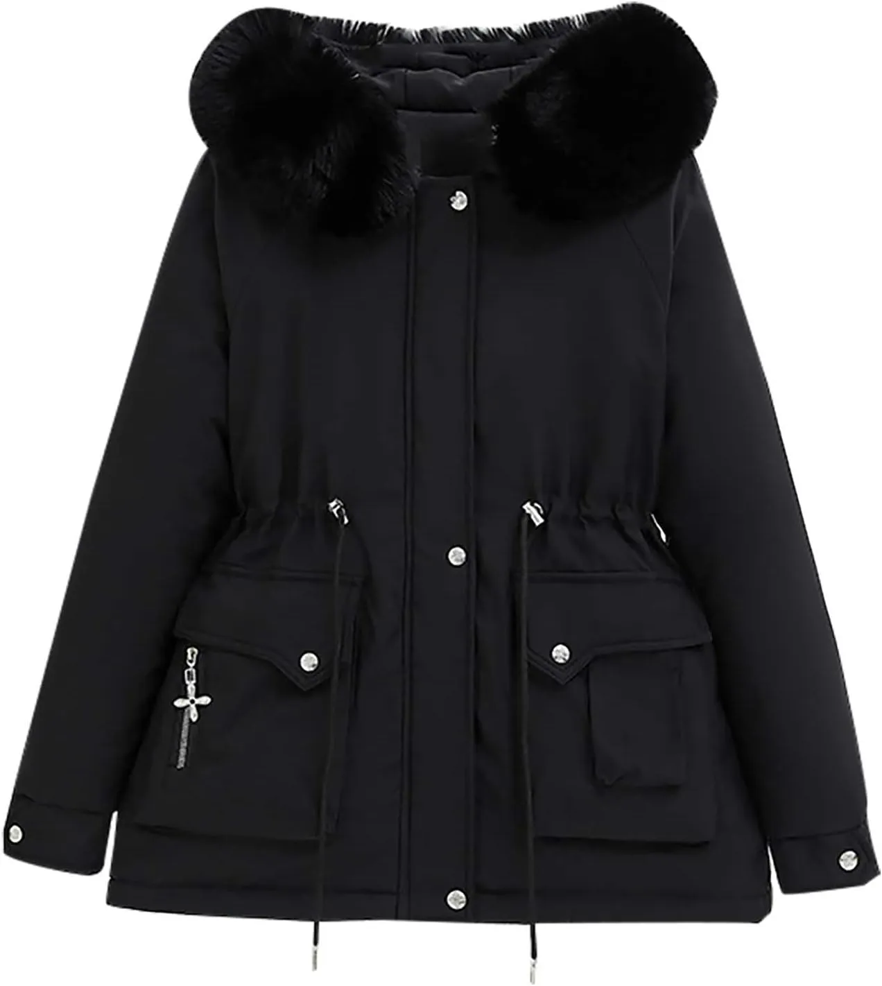 Women's Winter Puffer Coat Thicken Fleece Lined Down Jacket Waterproof Faux Fur Detachable Hooded Warm Parka Outwear