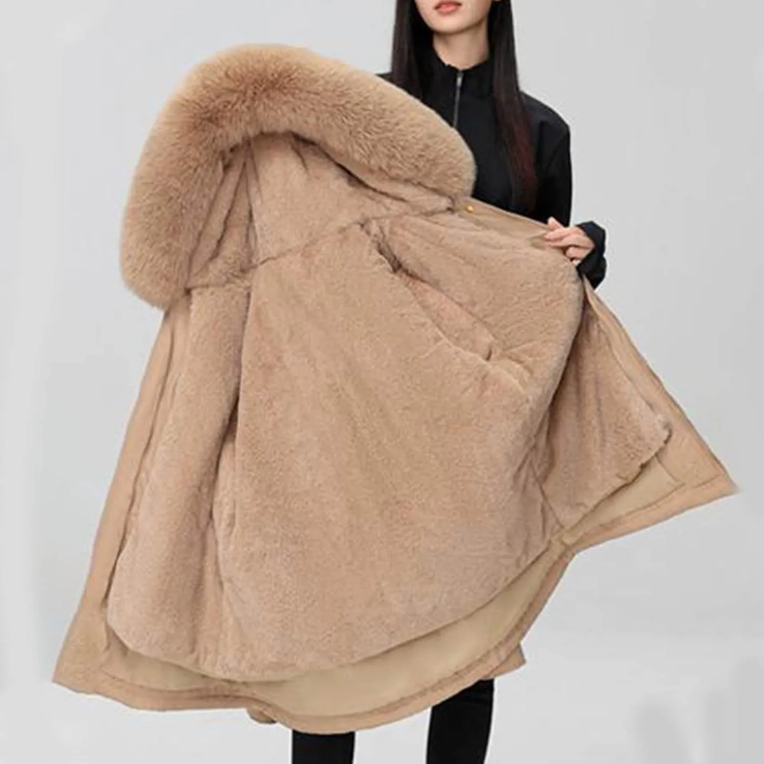 Women's Winter Thicken Military Parka Jacket Warm Fleece Cotton Coat with Fur Hood Reversible Wear Versatile Coats