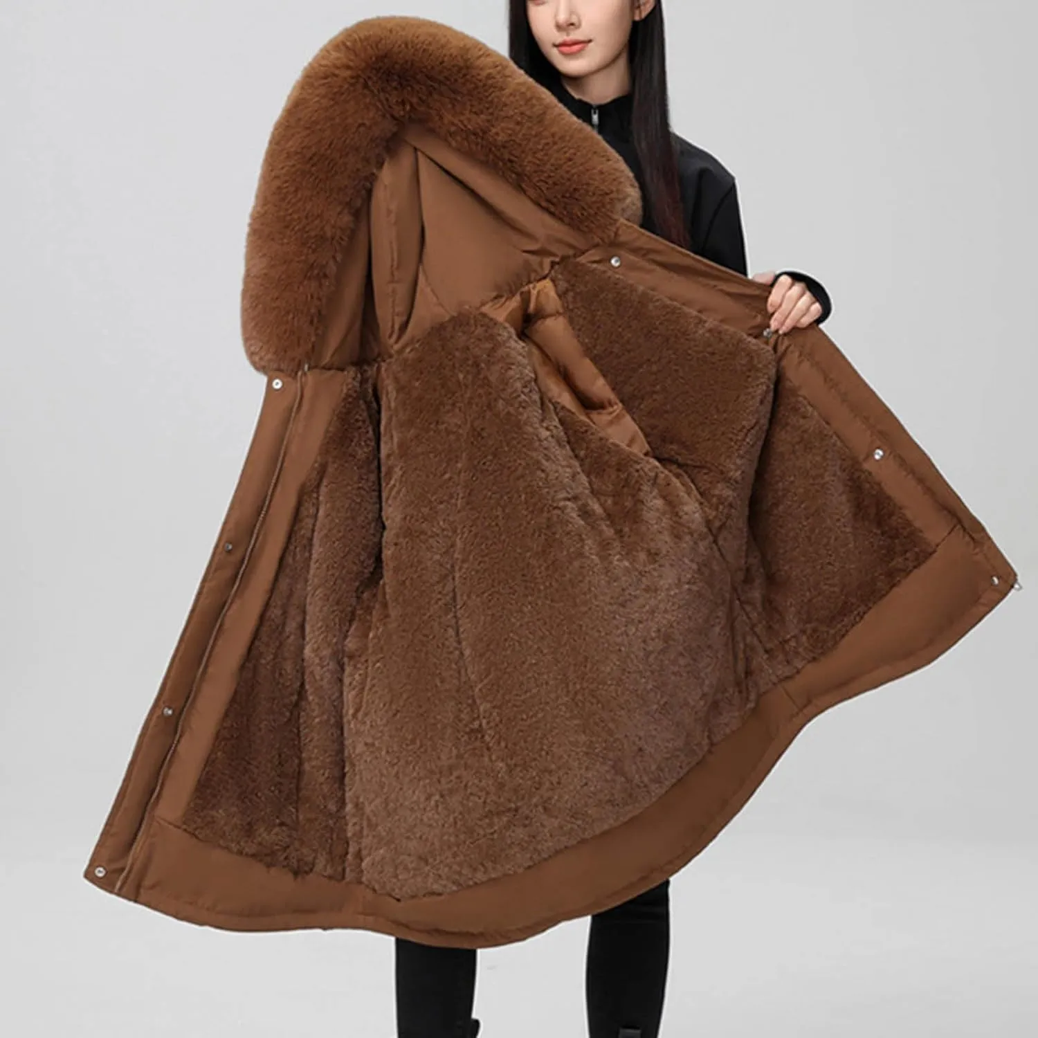 Women's Winter Thicken Military Parka Jacket Warm Fleece Cotton Coat with Fur Hood Reversible Wear Versatile Coats