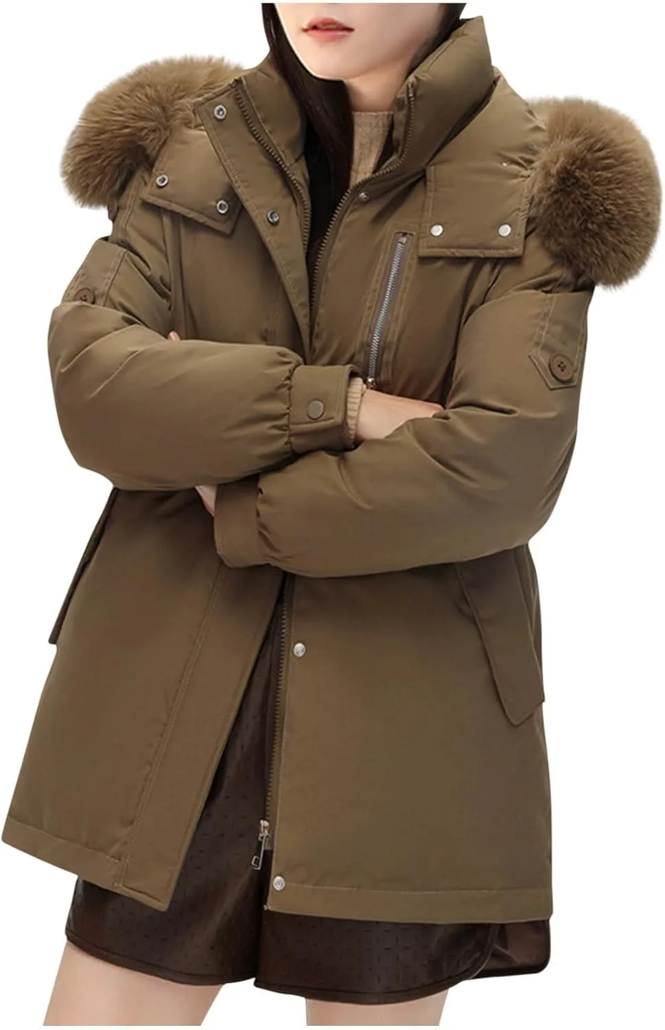 Women's Winter Thicken Military Parka Jacket Warm Fleece Cotton Coat with Fur Hood Reversible Wear Versatile Coats