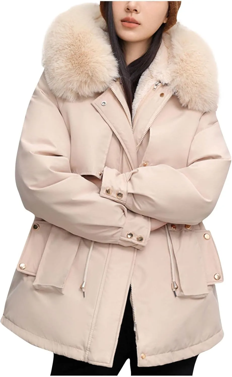 Women's Winter Thicken Military Parka Jacket Warm Fleece Cotton Coat with Fur Hood Reversible Wear Versatile Coats
