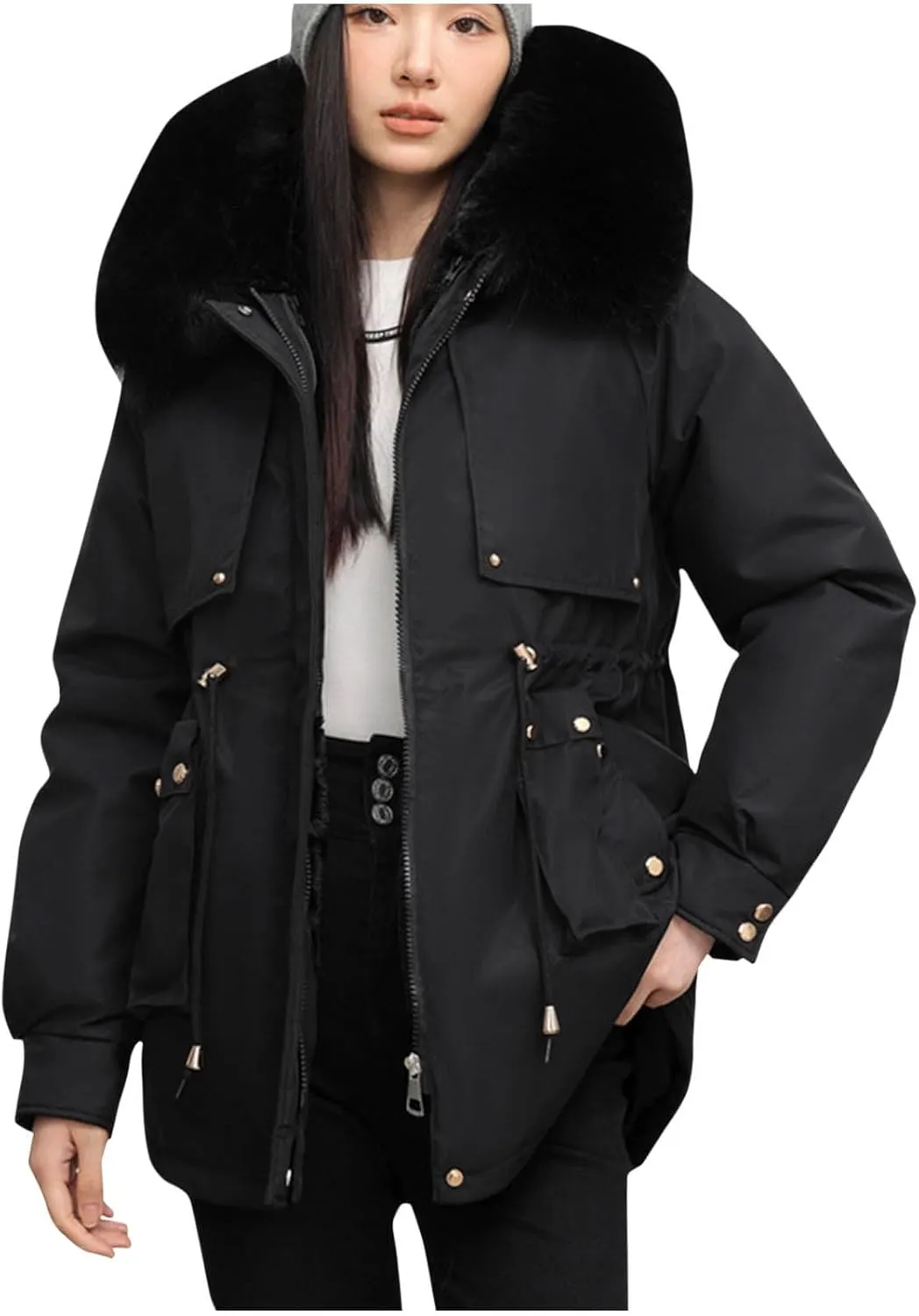 Women's Winter Thicken Military Parka Jacket Warm Fleece Cotton Coat with Fur Hood Reversible Wear Versatile Coats