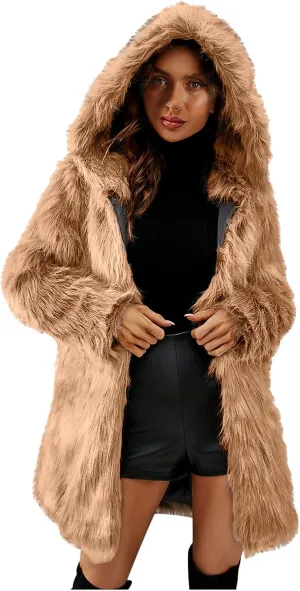 Women's Winter Warm Faux Fur Coat with Hood Long Sleeve Open Front Cardigan Elegant Solid Furry Hooded Jacket Outerwear
