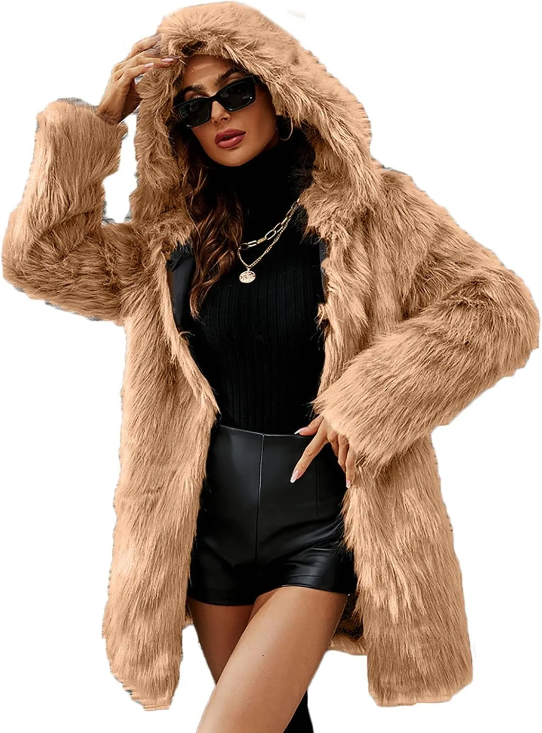 Women's Winter Warm Faux Fur Coat with Hood Long Sleeve Open Front Cardigan Elegant Solid Furry Hooded Jacket Outerwear