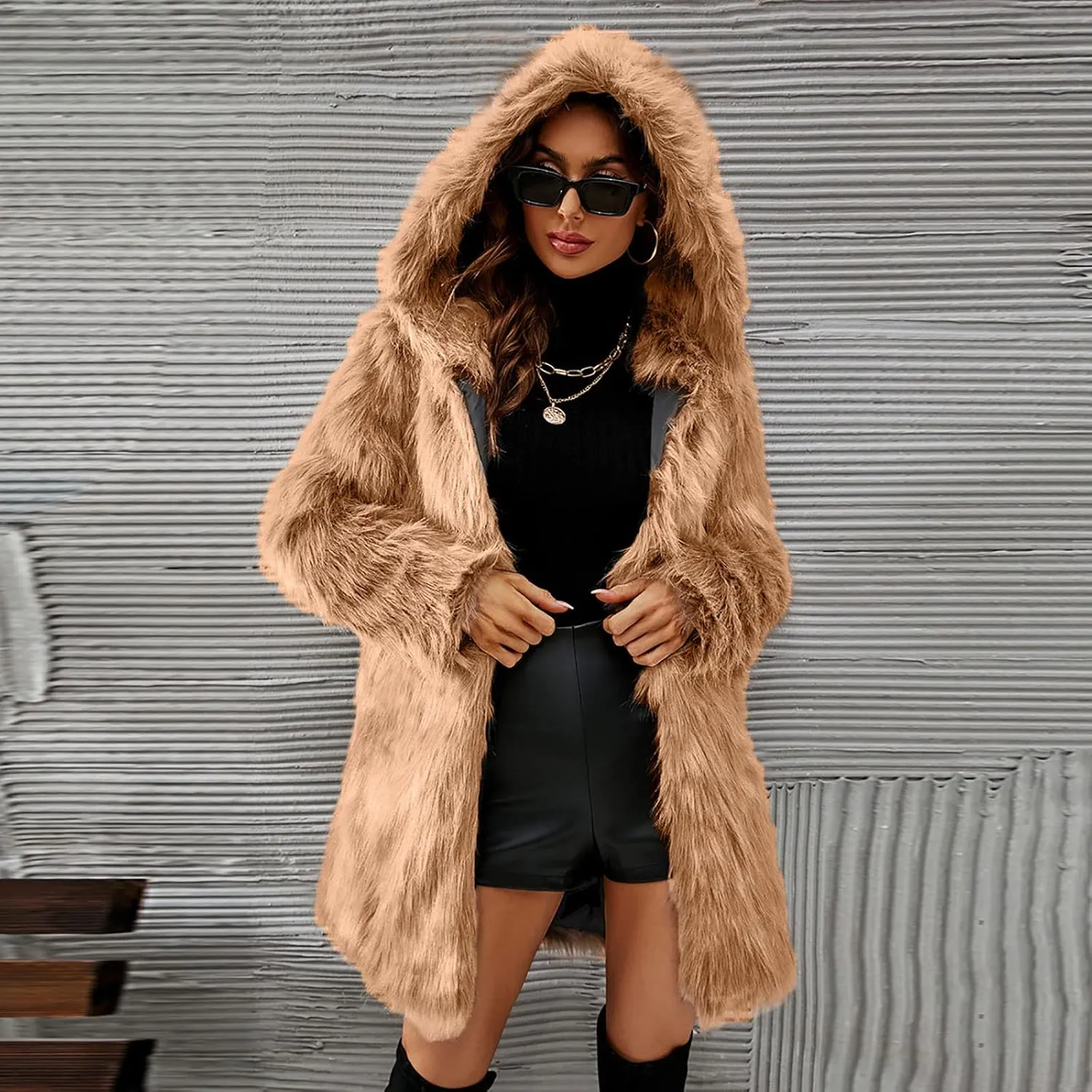 Women's Winter Warm Faux Fur Coat with Hood Long Sleeve Open Front Cardigan Elegant Solid Furry Hooded Jacket Outerwear