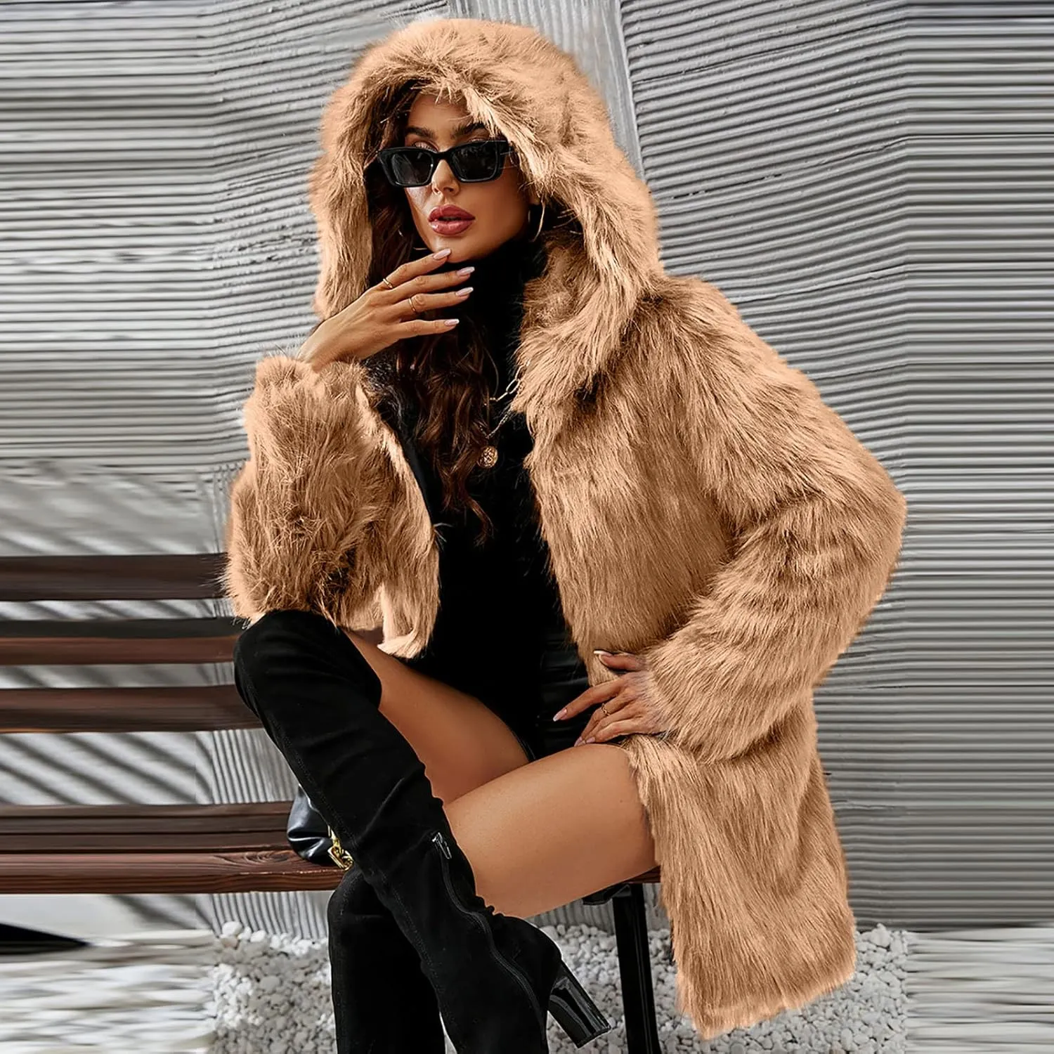 Women's Winter Warm Faux Fur Coat with Hood Long Sleeve Open Front Cardigan Elegant Solid Furry Hooded Jacket Outerwear