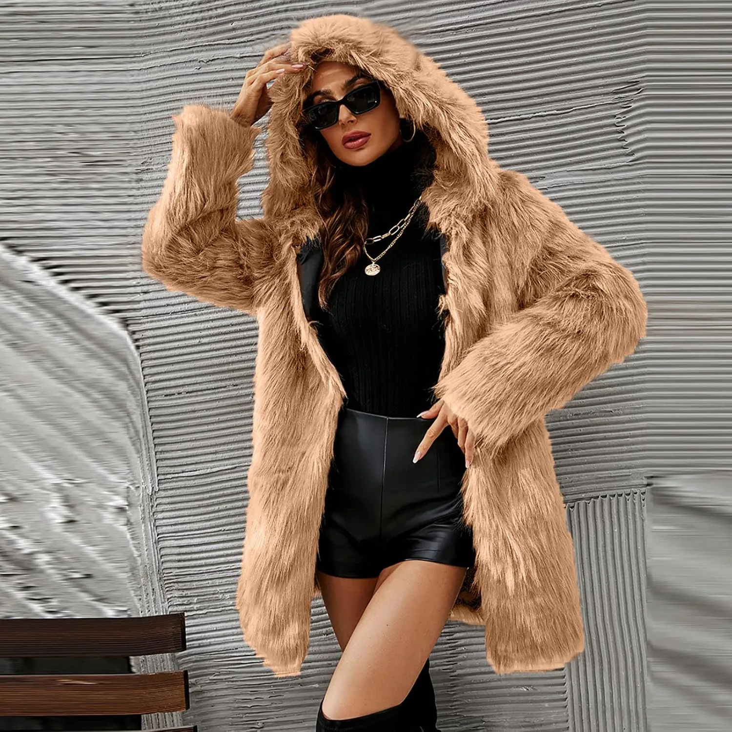 Women's Winter Warm Faux Fur Coat with Hood Long Sleeve Open Front Cardigan Elegant Solid Furry Hooded Jacket Outerwear