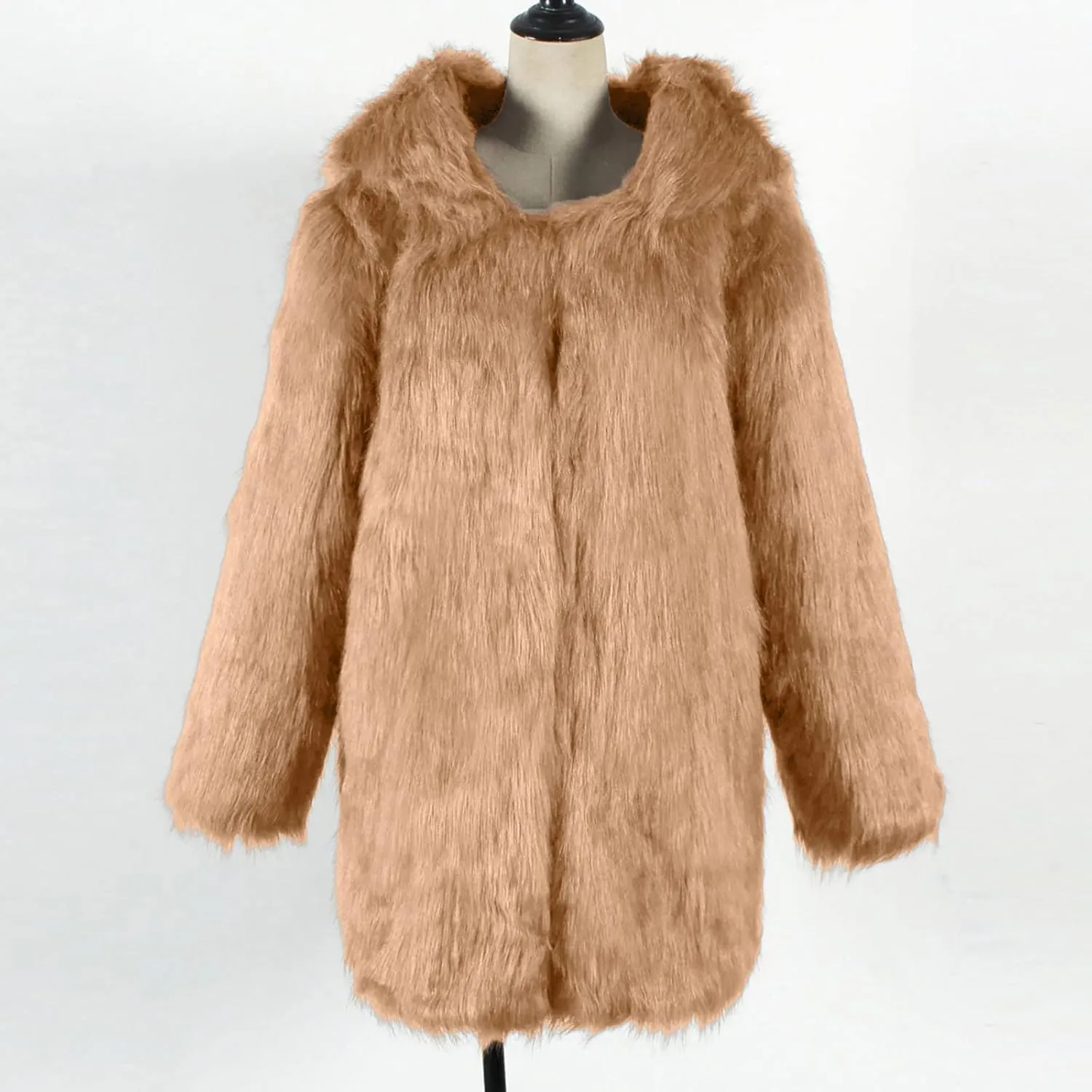 Women's Winter Warm Faux Fur Coat with Hood Long Sleeve Open Front Cardigan Elegant Solid Furry Hooded Jacket Outerwear