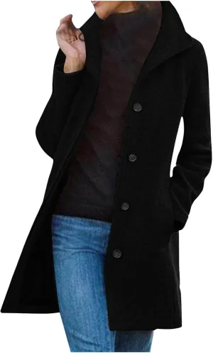 Womens Winter Wool Blend Coats Dressy Pea Coats Classic Lapel Wool Single Breasted Long Coat Dress Trench Coats