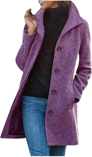 Womens Winter Wool Blend Coats Dressy Pea Coats Classic Lapel Wool Single Breasted Long Coat Dress Trench Coats