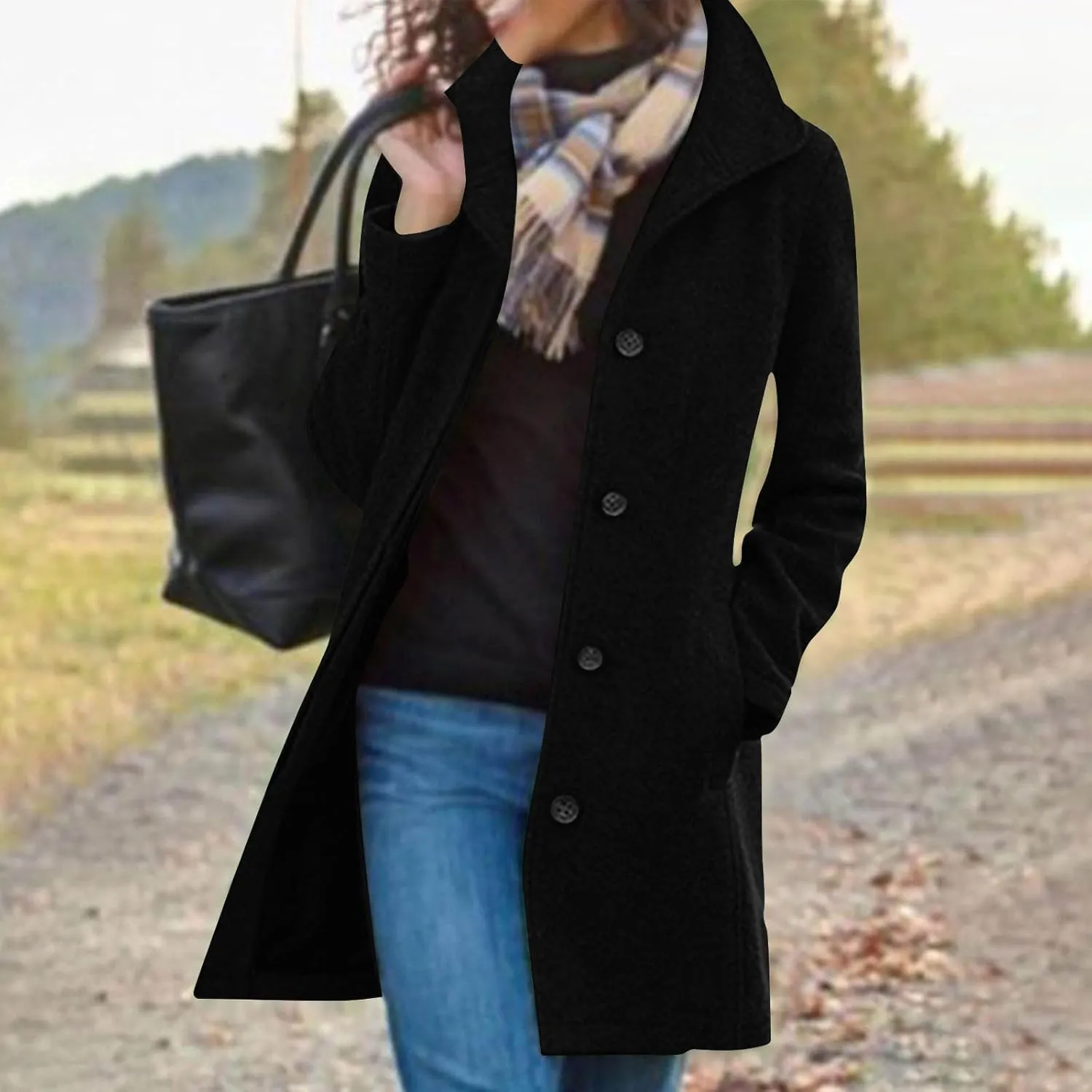 Womens Winter Wool Blend Coats Dressy Pea Coats Classic Lapel Wool Single Breasted Long Coat Dress Trench Coats