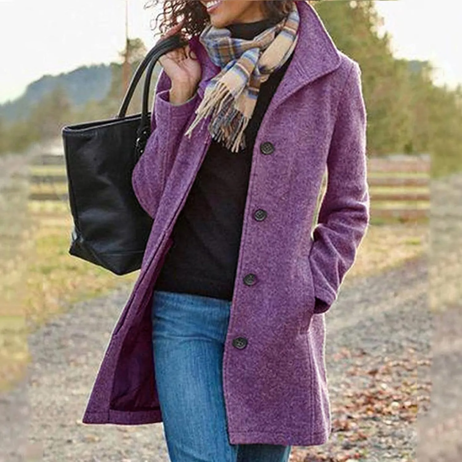 Womens Winter Wool Blend Coats Dressy Pea Coats Classic Lapel Wool Single Breasted Long Coat Dress Trench Coats