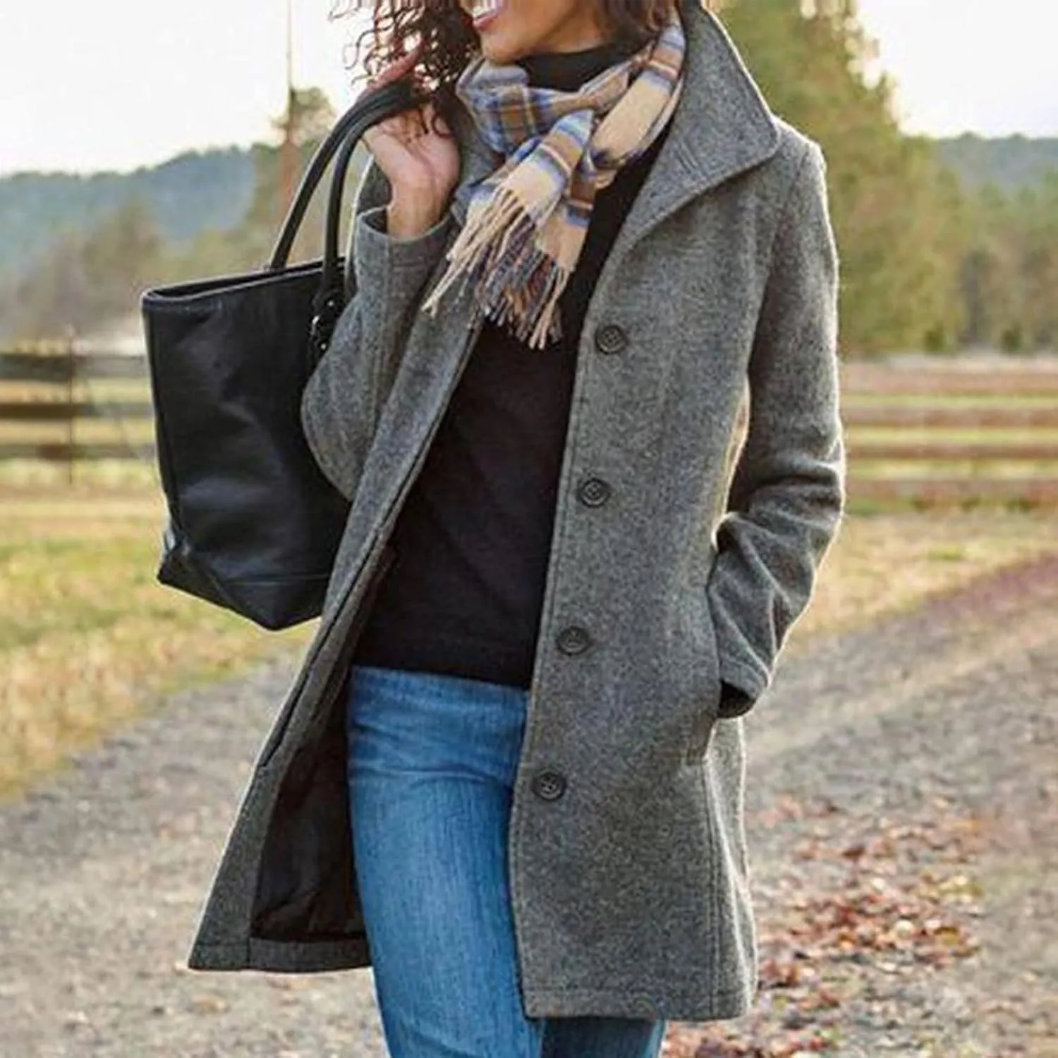 Womens Winter Wool Blend Coats Dressy Pea Coats Classic Lapel Wool Single Breasted Long Coat Dress Trench Coats