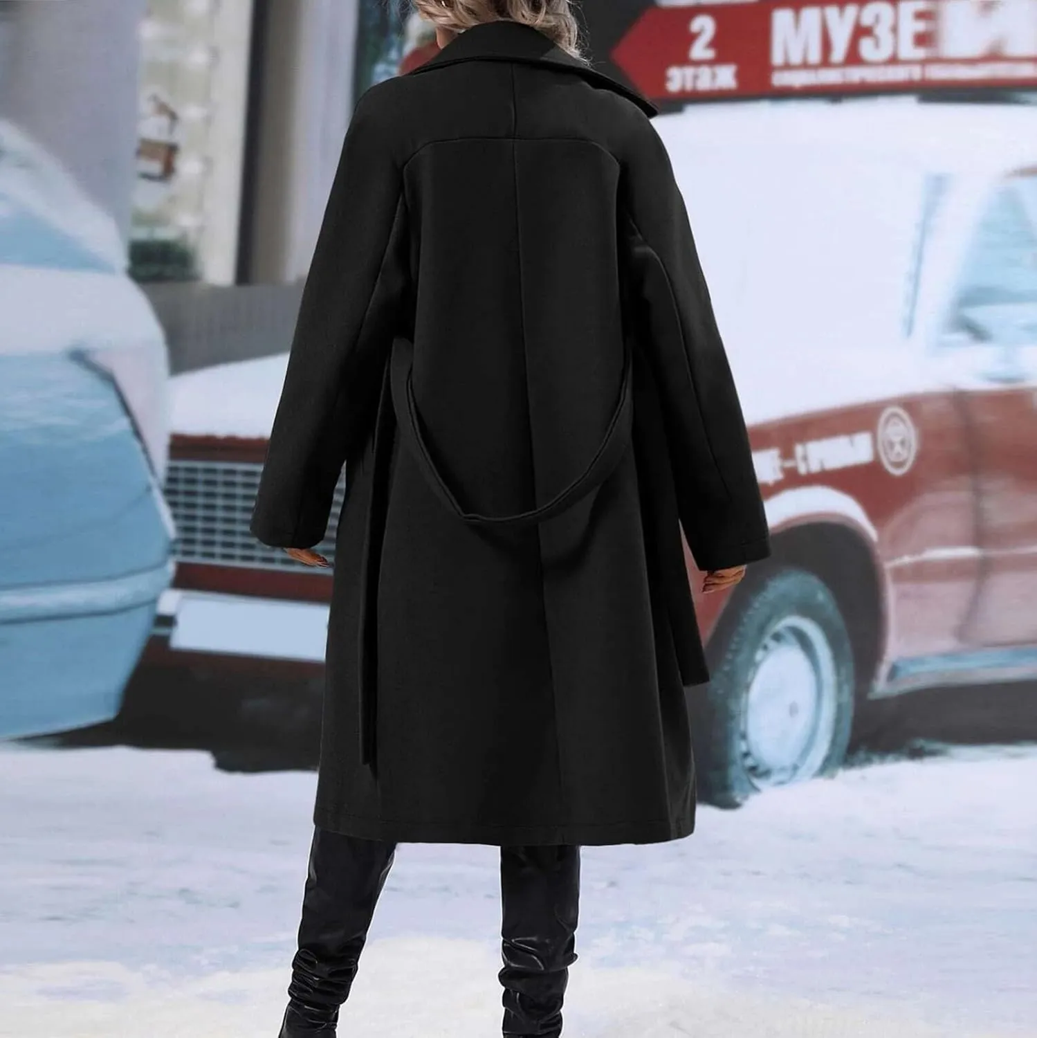 Women's Wool Blend Wrap Coat Notch Lapel Classic Double Breasted Overcoat Pea Trench Coat with Belt