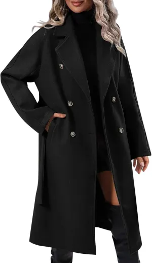 Women's Wool Blend Wrap Coat Notch Lapel Classic Double Breasted Overcoat Pea Trench Coat with Belt