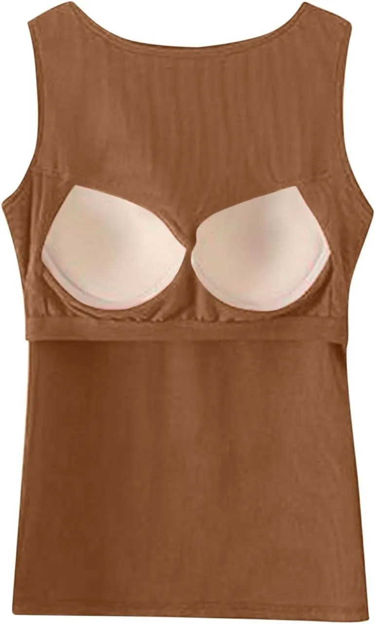 Womne Ribbed Tank Top with Built in Bra Sleevless Slim Fitted Push Up Padded Bra Tanks Shirt Teen Girls Basic Tee