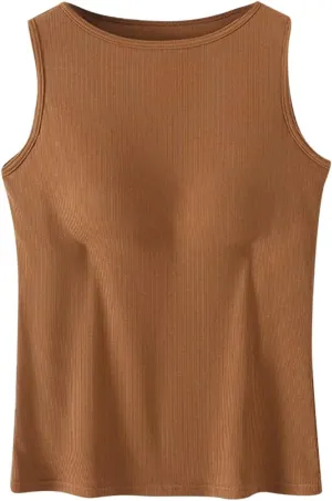 Womne Ribbed Tank Top with Built in Bra Sleevless Slim Fitted Push Up Padded Bra Tanks Shirt Teen Girls Basic Tee