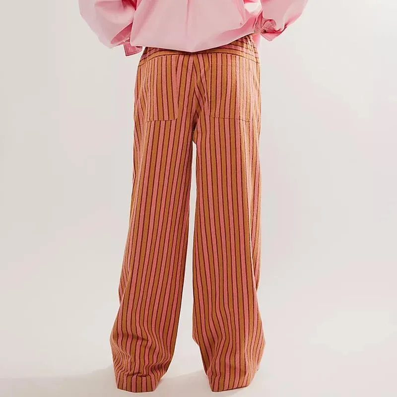 Y2k Striped Pants for Women Elastic Drawstring High Waist Wide Leg Pants Vintage Streetwear Lounge Trousers