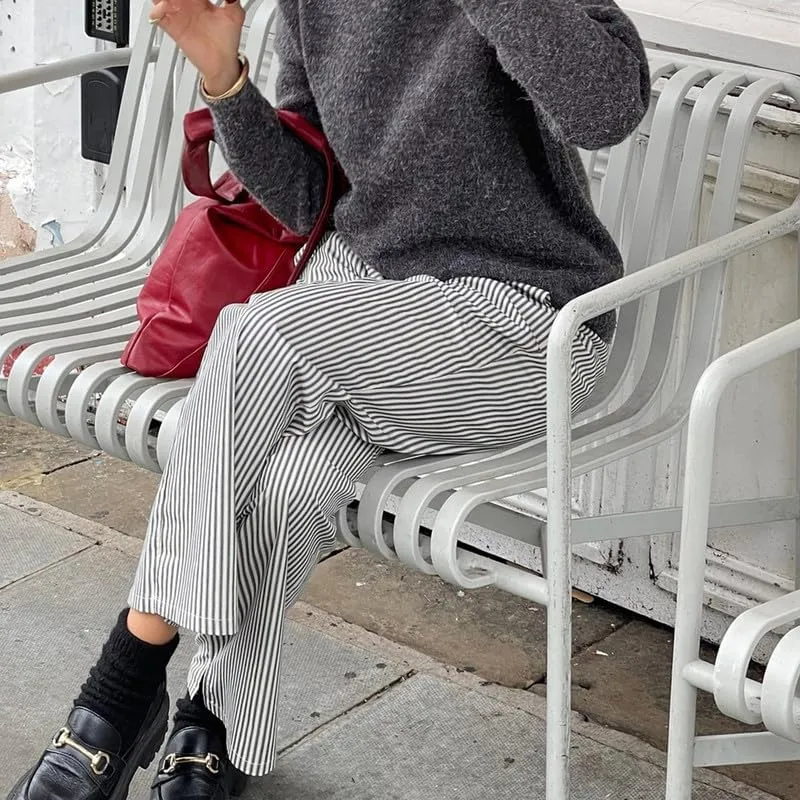 Y2k Striped Pants for Women Elastic Drawstring High Waist Wide Leg Pants Vintage Streetwear Lounge Trousers