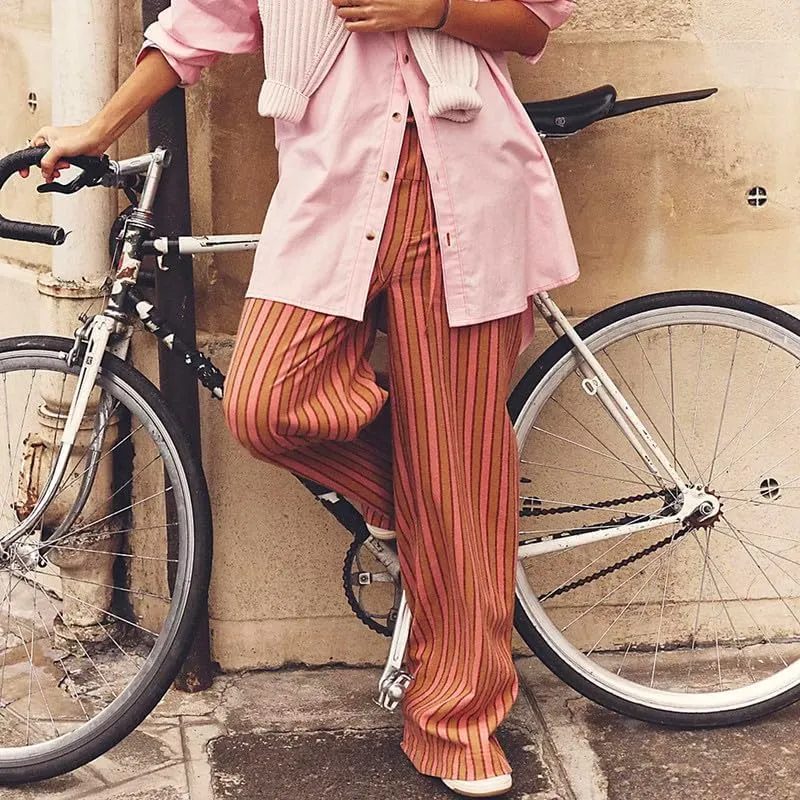Y2k Striped Pants for Women Elastic Drawstring High Waist Wide Leg Pants Vintage Streetwear Lounge Trousers