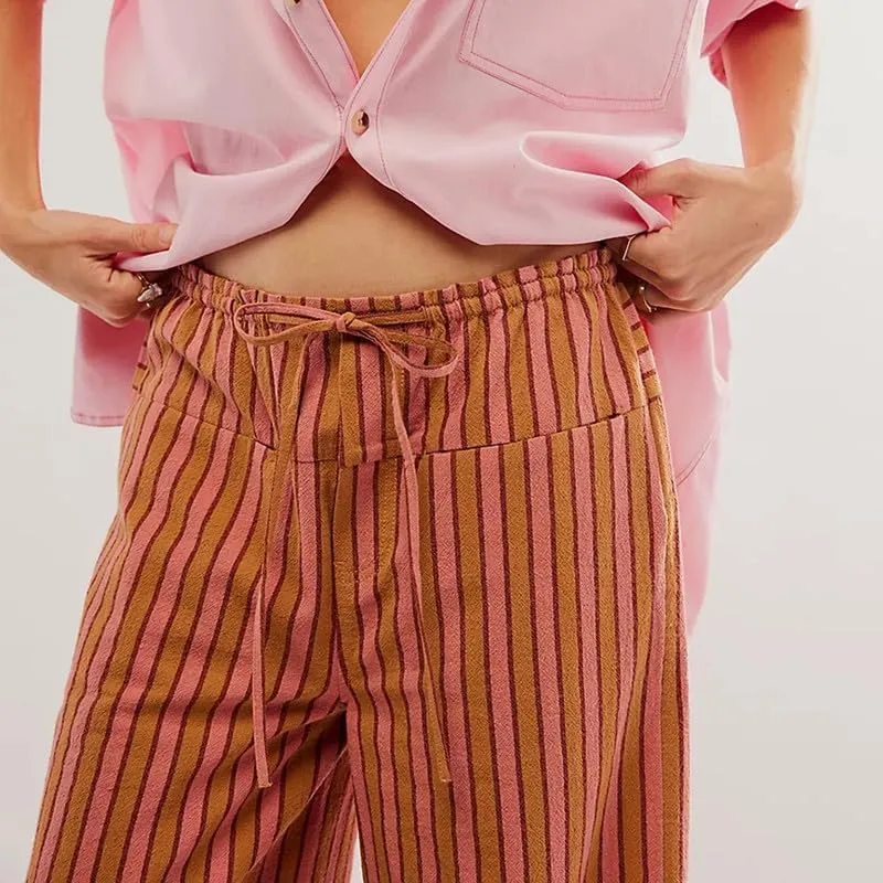 Y2k Striped Pants for Women Elastic Drawstring High Waist Wide Leg Pants Vintage Streetwear Lounge Trousers