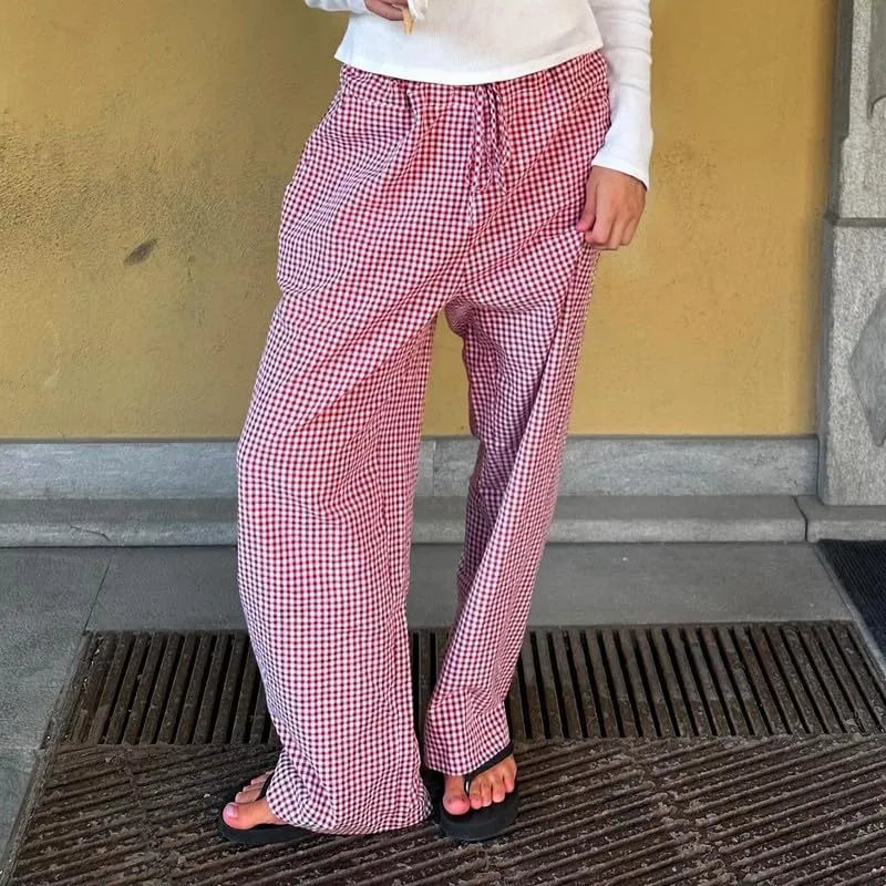 Y2k Striped Pants for Women Elastic Drawstring High Waist Wide Leg Pants Vintage Streetwear Lounge Trousers