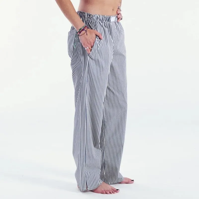 Y2k Striped Pants for Women Elastic Drawstring High Waist Wide Leg Pants Vintage Streetwear Lounge Trousers