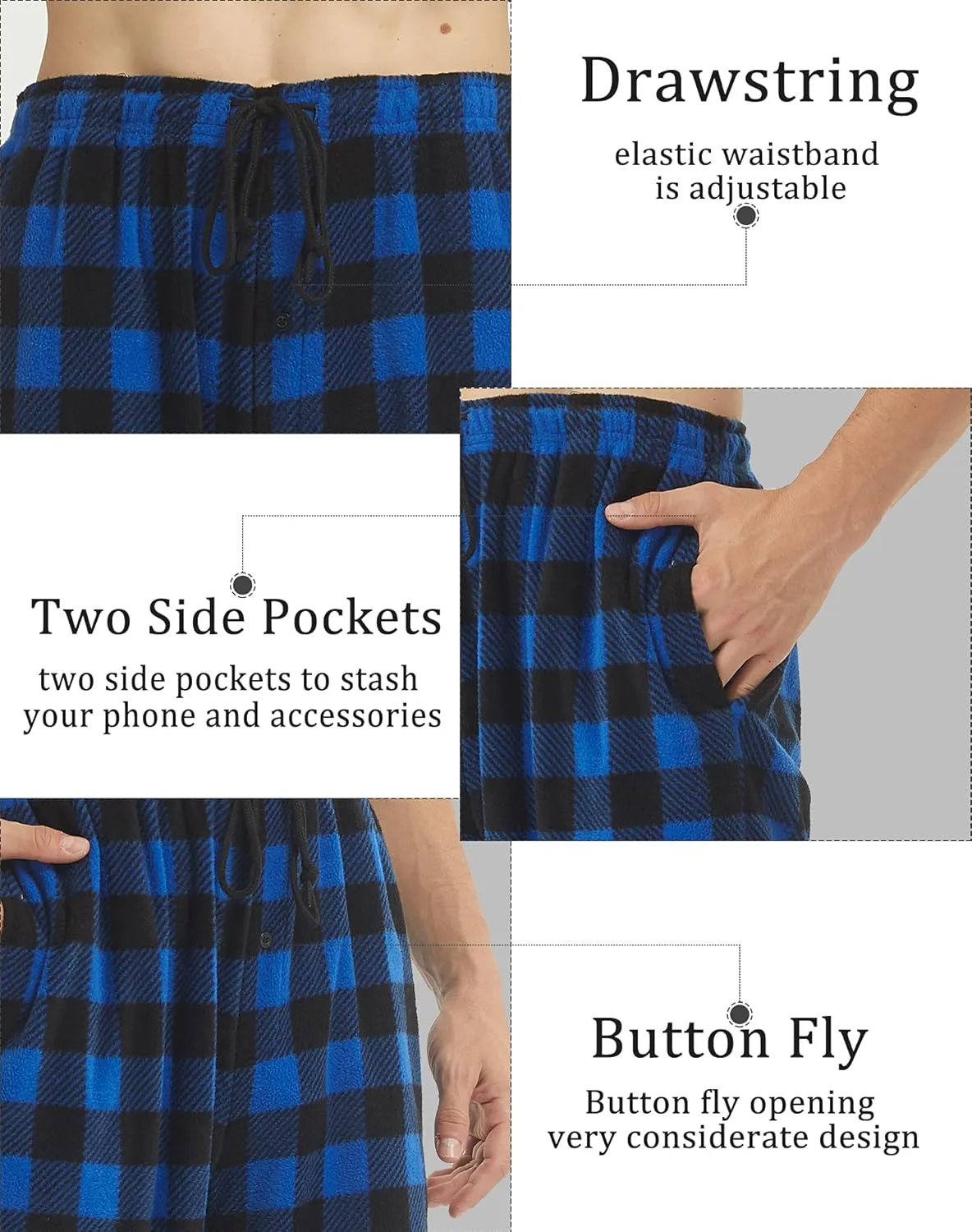 YUSHOW 2-3 Pack Mens Pajama Pants Mens Fleece Plaid Lounge Pajama Bottoms Sleepwear Pjs with Pockets
