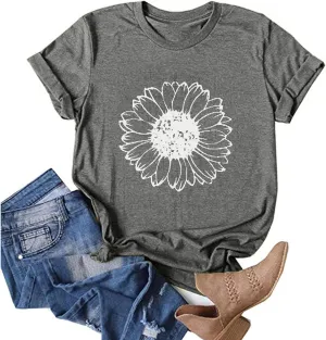 ZEFOTIM Sunflower Tops for Women 2024 Short Sleeve Crewneck Casual Summer Fashion Tops Shirts