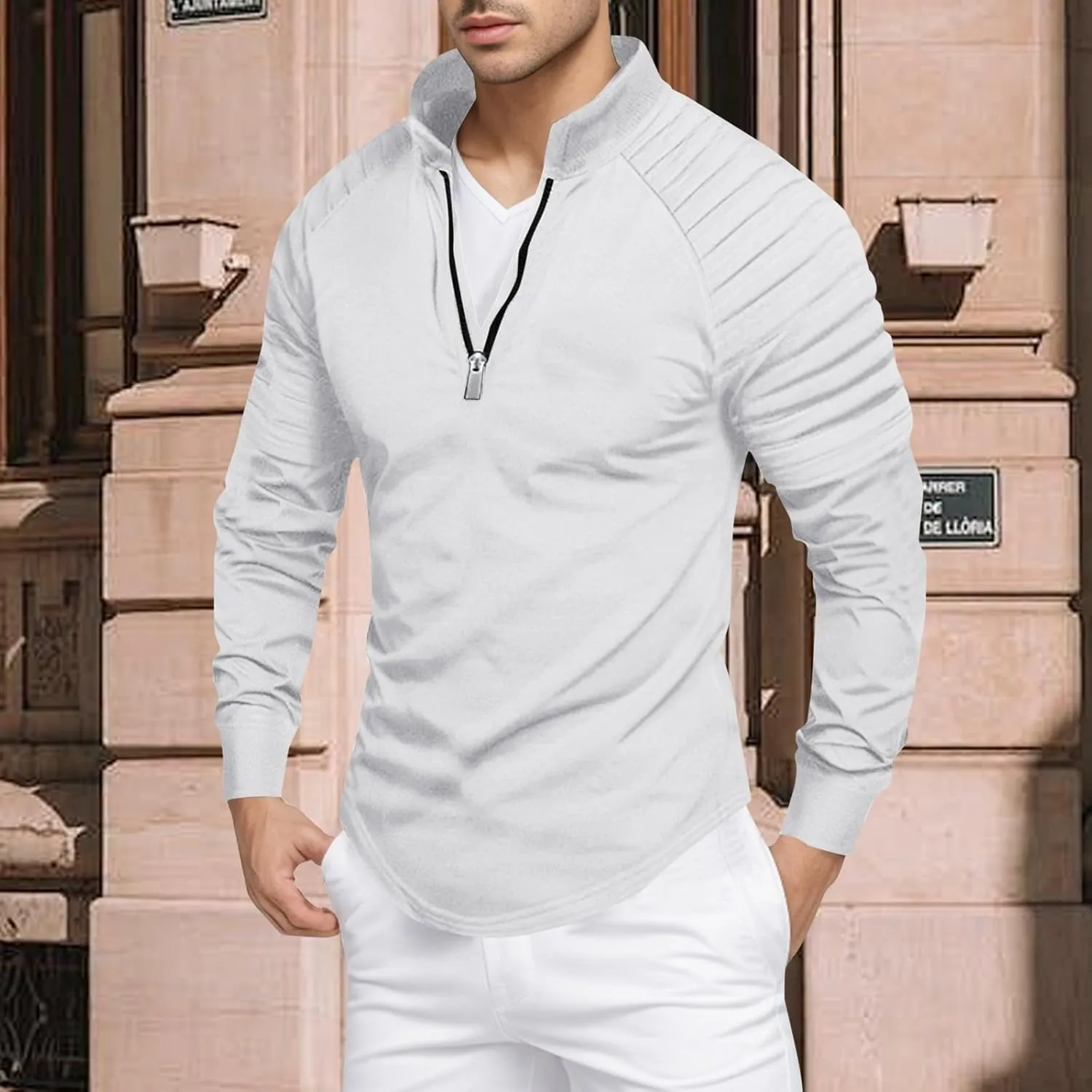 Zipper Shirts for Men's Slim Fit Shirt Casual Stretch Shoulder Pleated Zip Shirt T Shirt Pack Men Mens Shirts