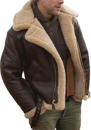 ZWRXW Faux Pu Leather Jacket for Men Fleece Sherpa Lined Winter Coats Heavyweight Button Up Fur Collar Motorbike Jacket